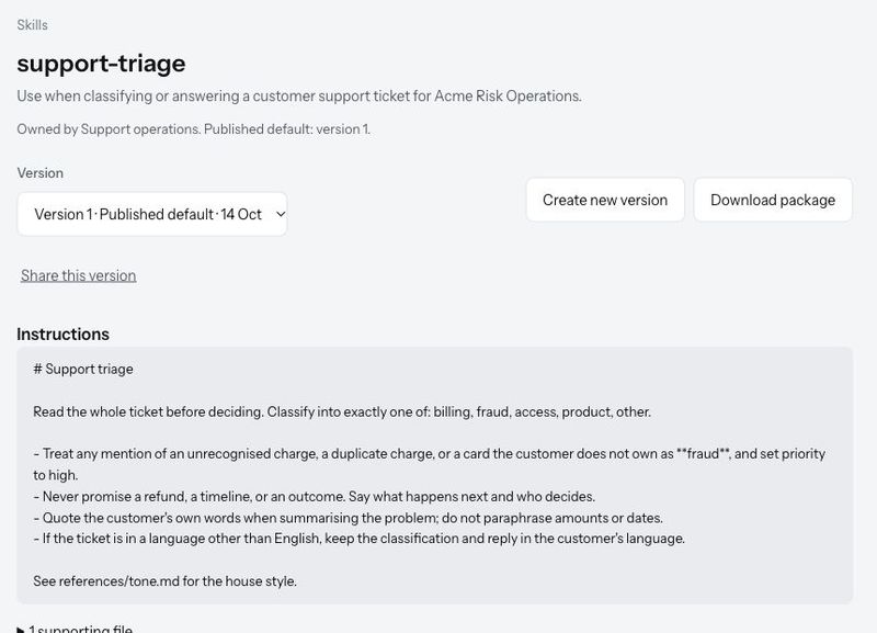 Published support-triage version in the console, with its owner, version selector, instructions, and supporting file