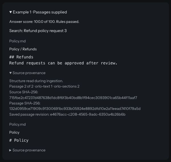 Source inspection showing a retrieved policy passage, its section, and expandable provenance